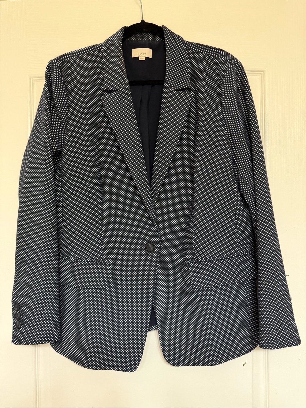 LOFT Navy White Dot Textured Blazer 16 One Button Tailored Notch Lapel Workwear